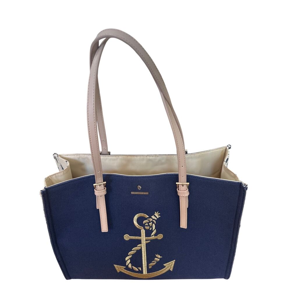 Spartina 449 Navy Blue Crossbody Tote with Pink-Tan Straps and Gold Anchor